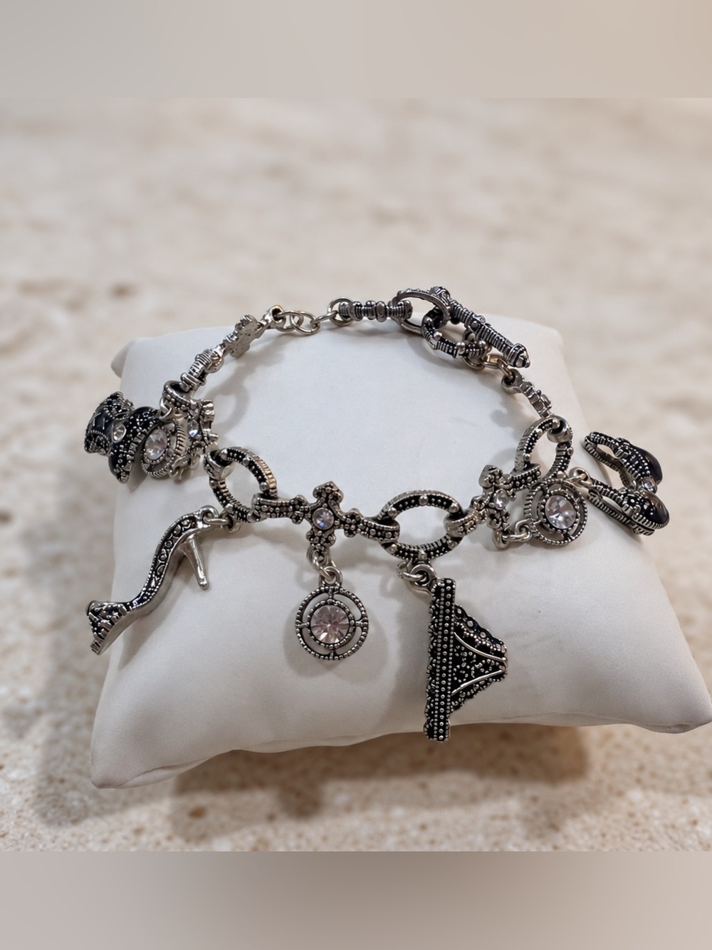 Black & Silver-Tone Lingerie Charm Bracelet with Rhinestones